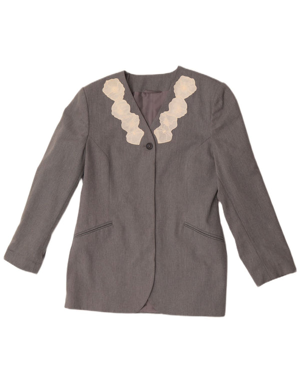 vintage Femmes 1 Bouton Blazer Veste UK 12 Moyen Gris Floral Polyester