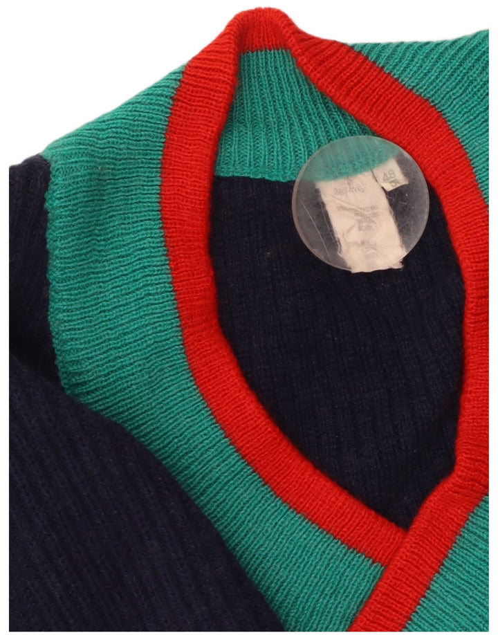 VINTAGE Femme Crop Col V Pull Pull IT 48/50 XL Bleu Marine Rayé