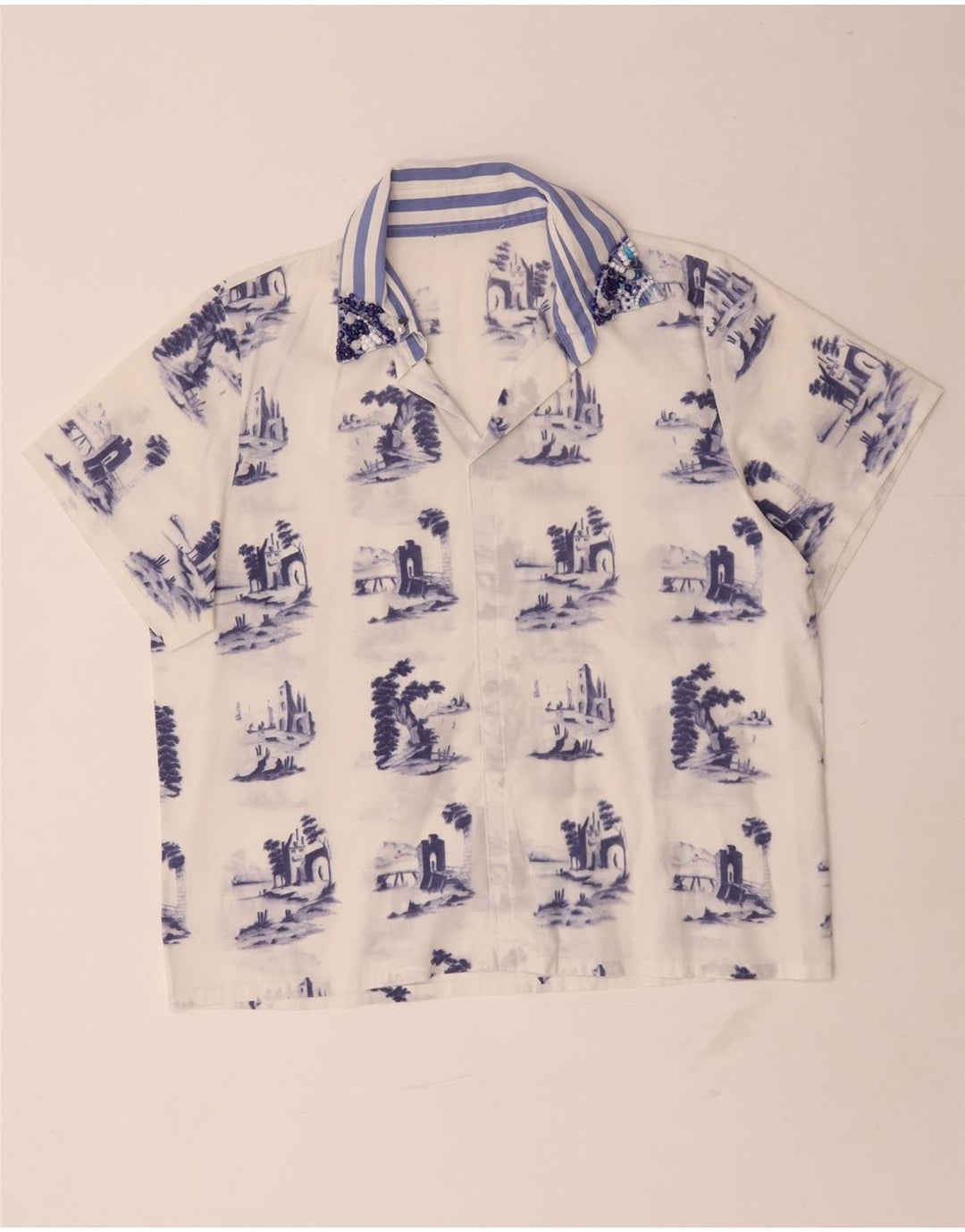 vintage Femmes Motif Abstrait Blouse Top UK 16 Grand Blanc