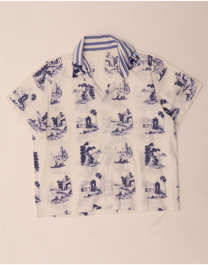 vintage Femmes Motif Abstrait Blouse Top UK 16 Grand Blanc