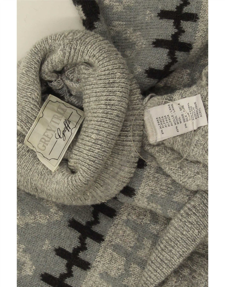 vintage Mens Roll Neck Jumper Pull Grande Gris Fair Isle Alpaga Laine