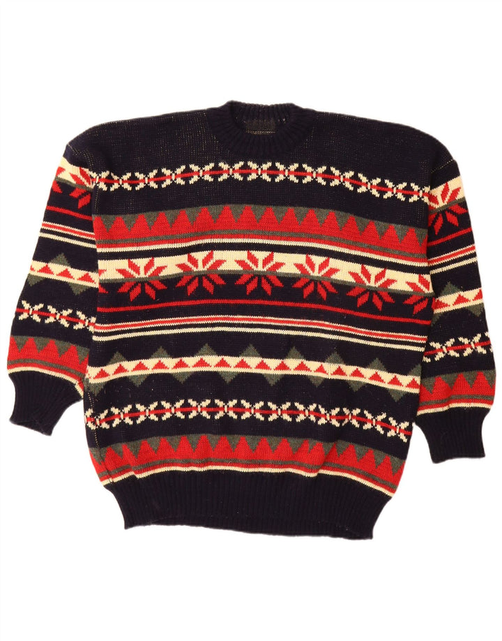 vintage Mens Crew Neck Jumper Pull Grand Multicolore Fair Isle