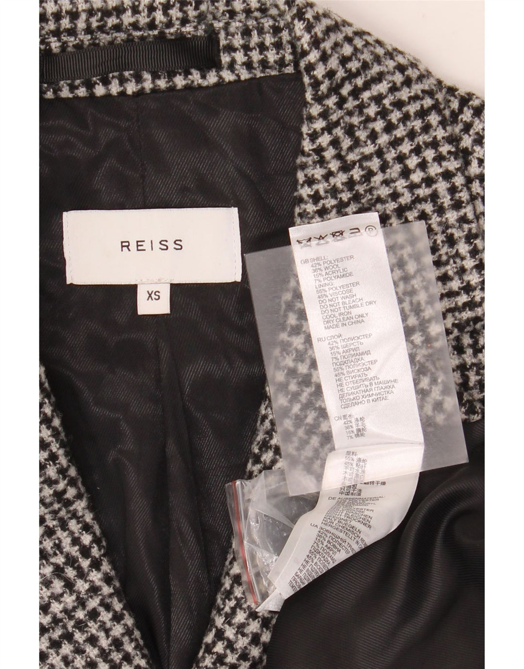 Reiss Manteau Homme UK 34 XS Gris Pied-de-Poule Polyester