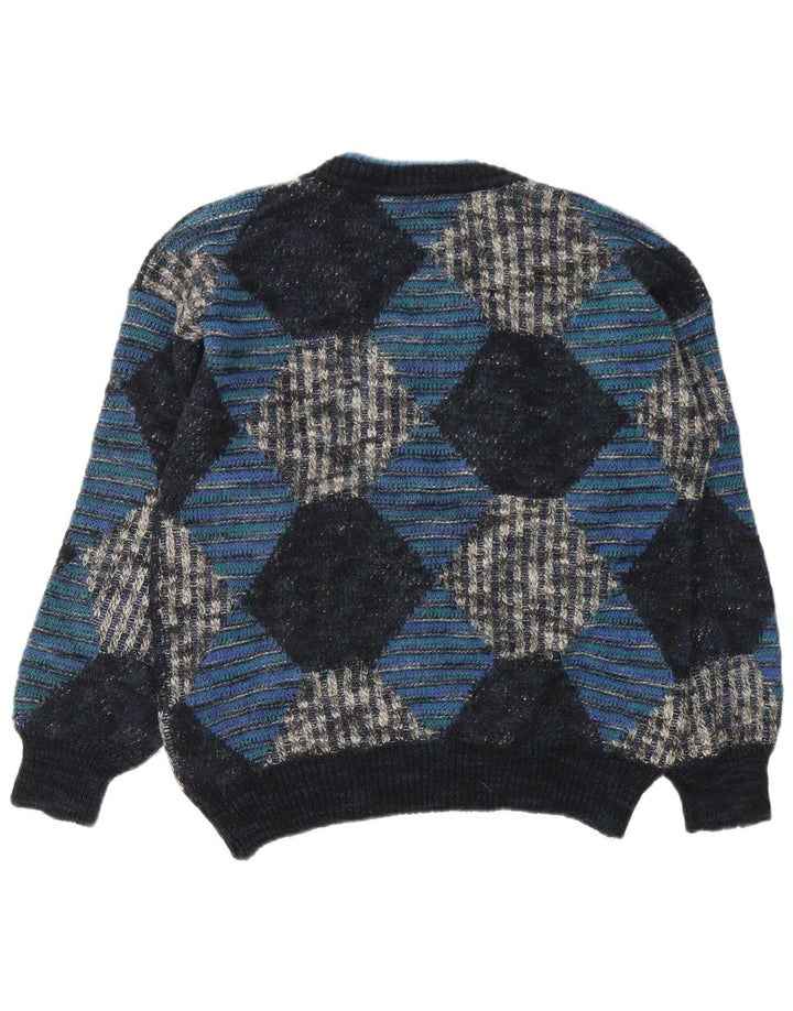vintage Homme Col V Pull Pull IT 48 Bleu Moyen Argyle/Diamond Laine
