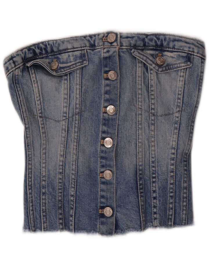Zara Femme Bustier Denim Corset Top UK 8 Petit Bleu Coton