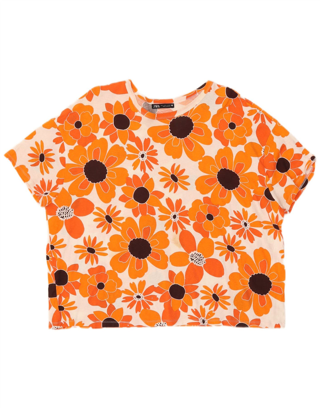 ZARA Femme T-Shirt Top UK 16 Large Orange Floral