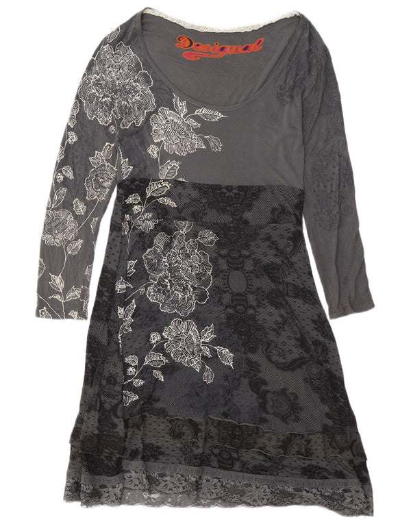 DESIGUAL Womens Long Sleeve A-Line Dress UK 18 XL Grey Floral Viscose