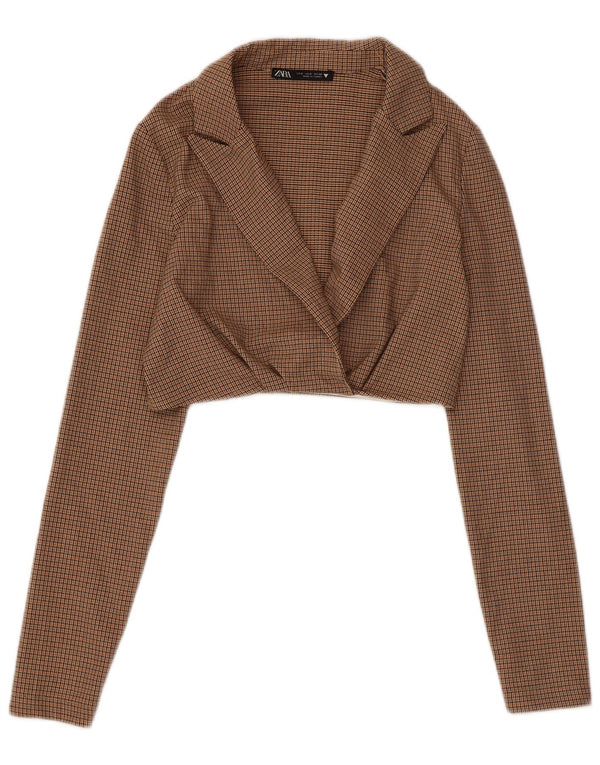 Zara Womens Crop Blazer Veste UK 10 Petit Marron Check Polyester