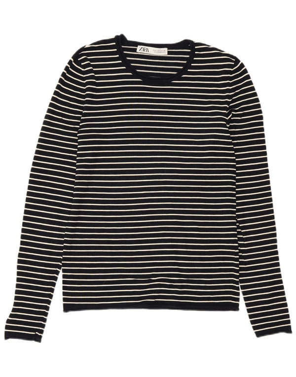 ZARA Pull à col rond pour femme UK 14 Large en viscose rayée bleu marine