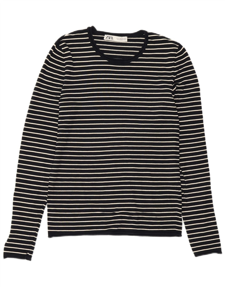 ZARA Pull à col rond pour femme UK 14 Large en viscose rayée bleu marine