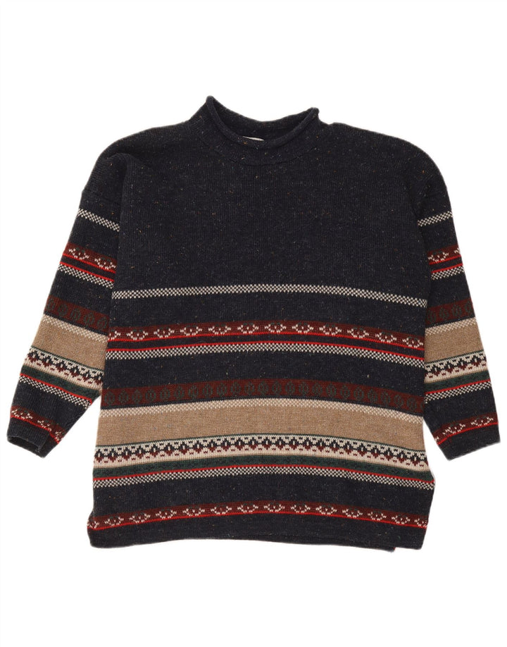 vintage Mens Turtle Neck Jumper Pull Moyen Bleu Marine Rayé Acrylique