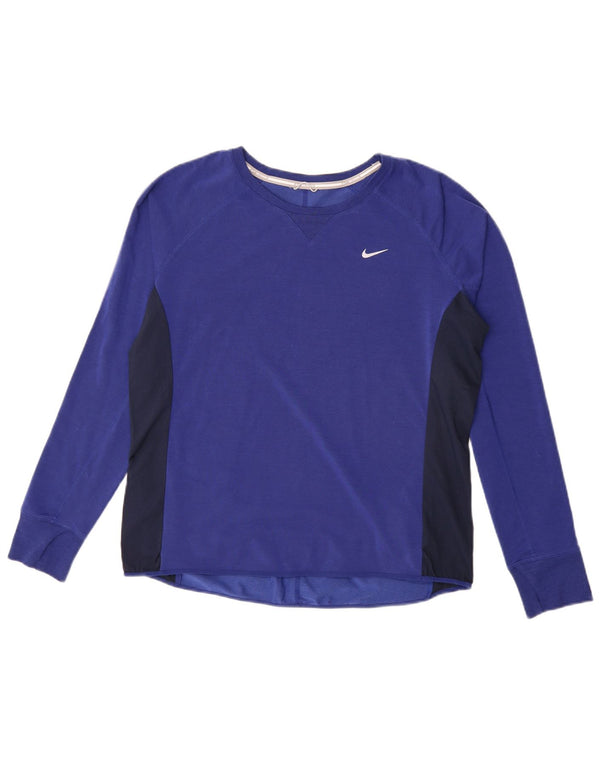 Nike Haut Dri Fit à manches longues pour femme UK 16 Large Bleu Colorblock Lyocell