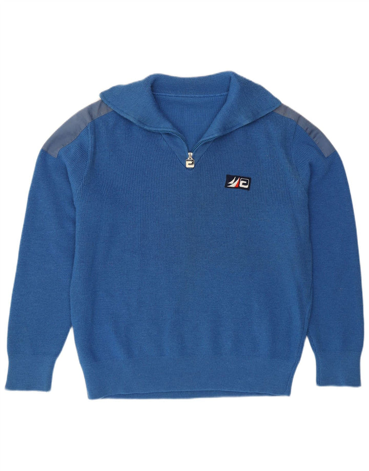 vintage Mens Zip Neck Jumper Pull Grand Bleu Colorblock