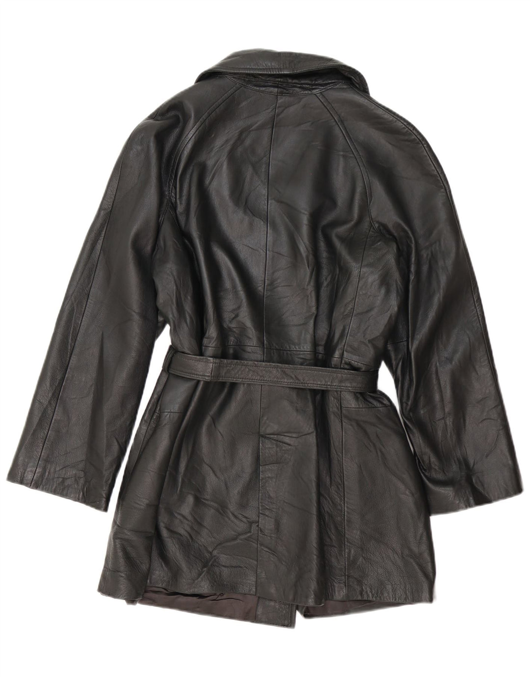 vintage Femmes Double Breasted Manteau en cuir UK 14 Moyen Noir