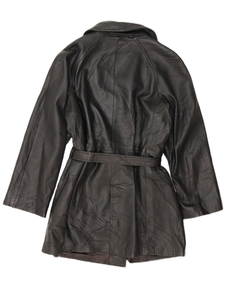 vintage Femmes Double Breasted Manteau en cuir UK 14 Moyen Noir