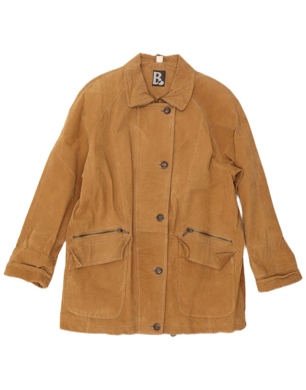 vintage Femmes Surdimensionné Suède Pardessus UK 16 Grand Cuir Beige