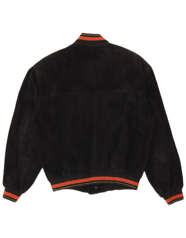 vintage Mens Suede Bomber Jacket IT 48 Cuir rayé noir moyen