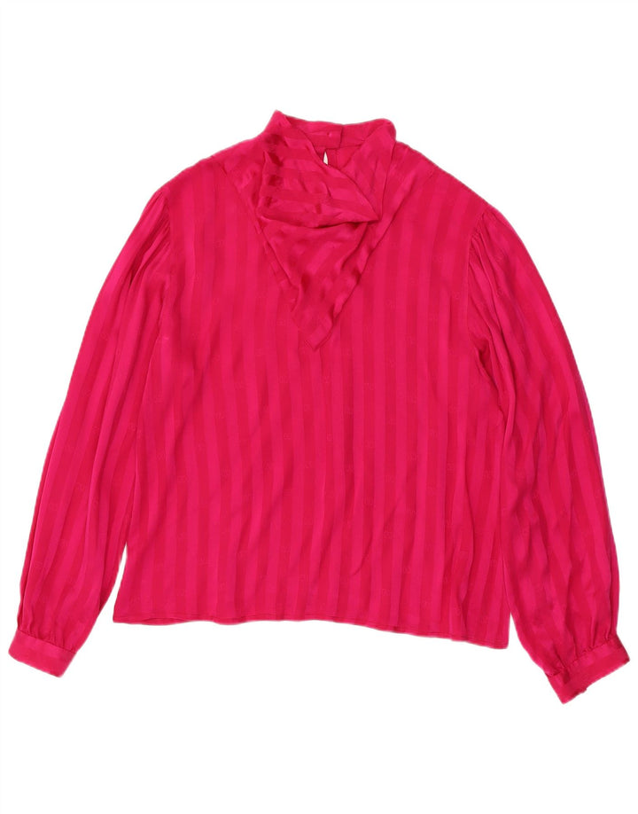vintage Femmes Manches Longues Blouse Top UK 12 Rayé Rose Moyen