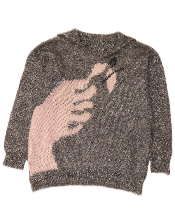 VINTAGE Femme Graphique Polo Neck Jumper Pull UK 16 Grand Gris Moucheté