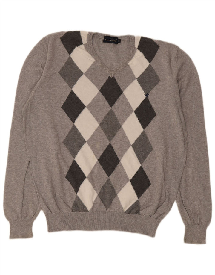 Brooksfield Pull col V pour homme IT 50 Gris moyen Argyle/Diamant