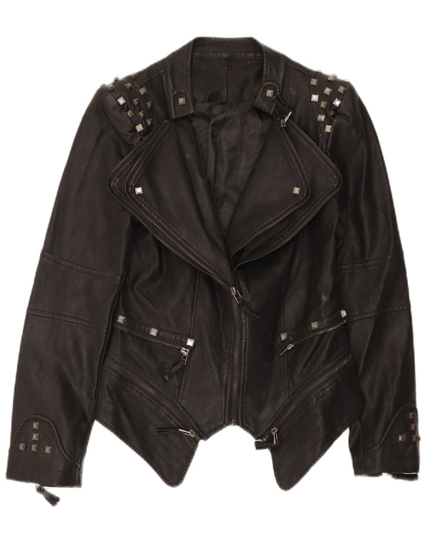 veste de motard en cuir femme vintage UK 10 Petit Noir