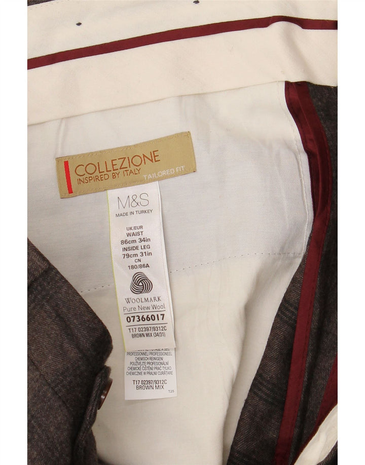 MARKS & SPENCER Pantalon de Costume Coupe Ajustée pour Homme W34 L31 Marron à Carreaux
