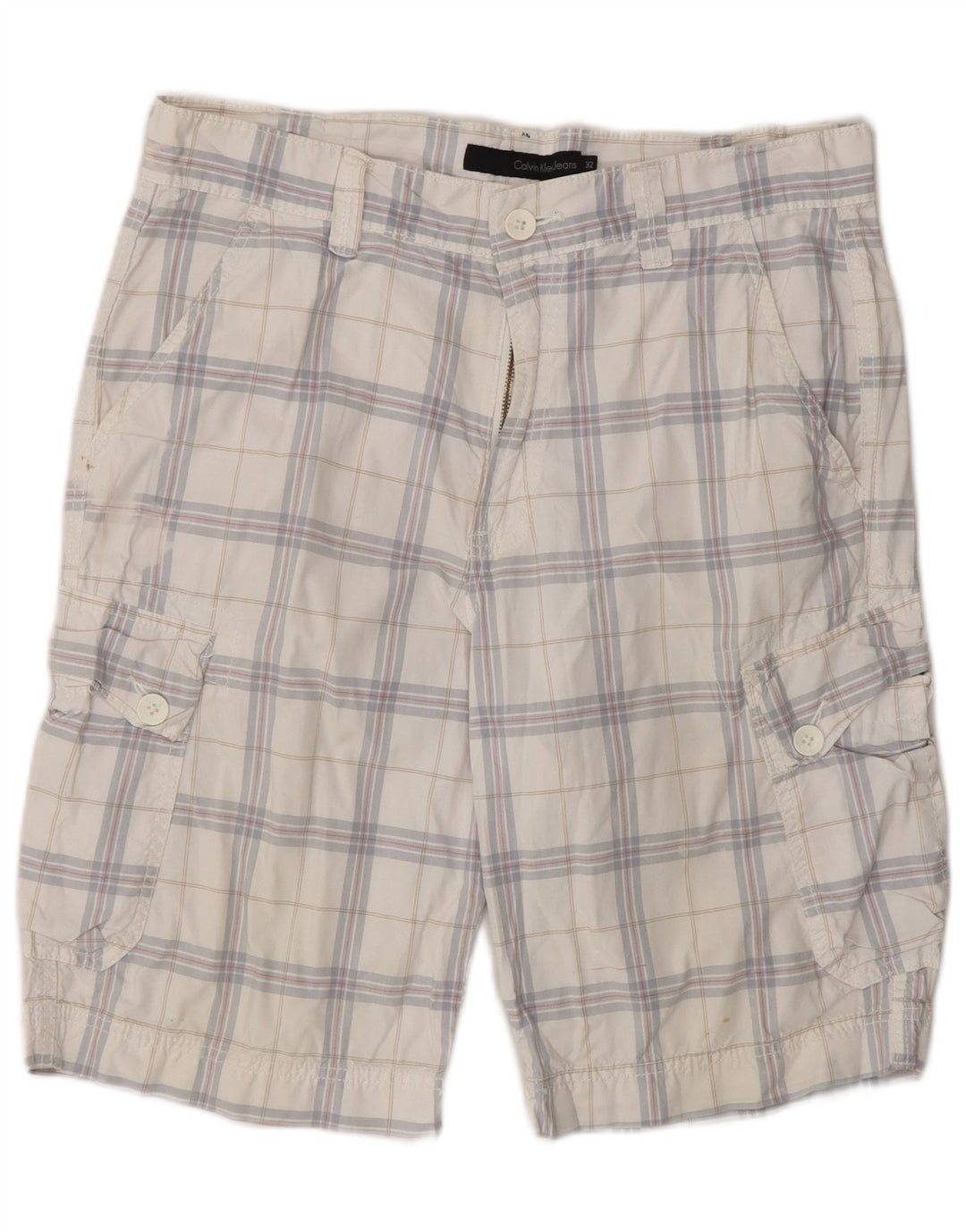 CALVIN KLEIN Short Cargo Homme W32 Coton à Carreaux Blanc Moyen