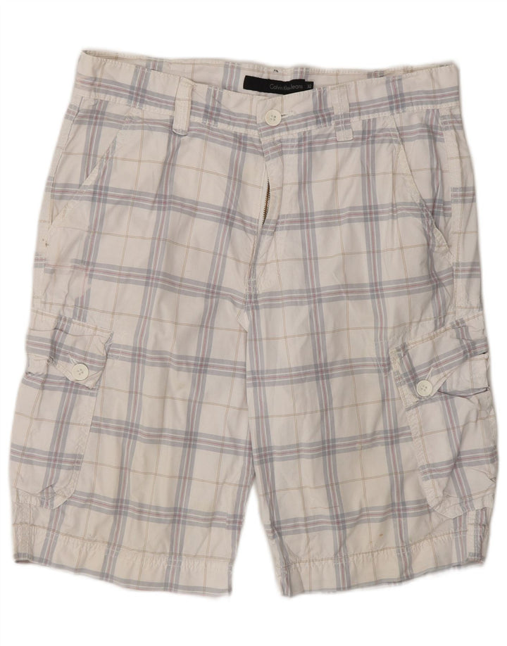 CALVIN KLEIN Short Cargo Homme W32 Coton à Carreaux Blanc Moyen