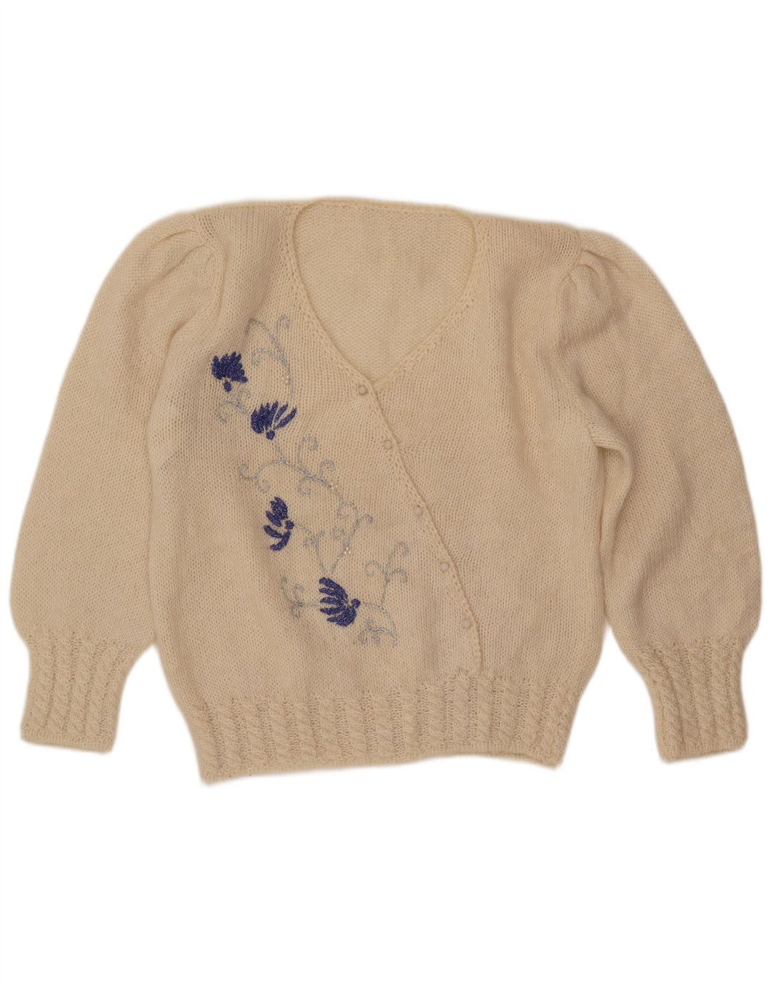 VINTAGE Femme V-Col Jumper Pull UK 16 Grand Off White Floral