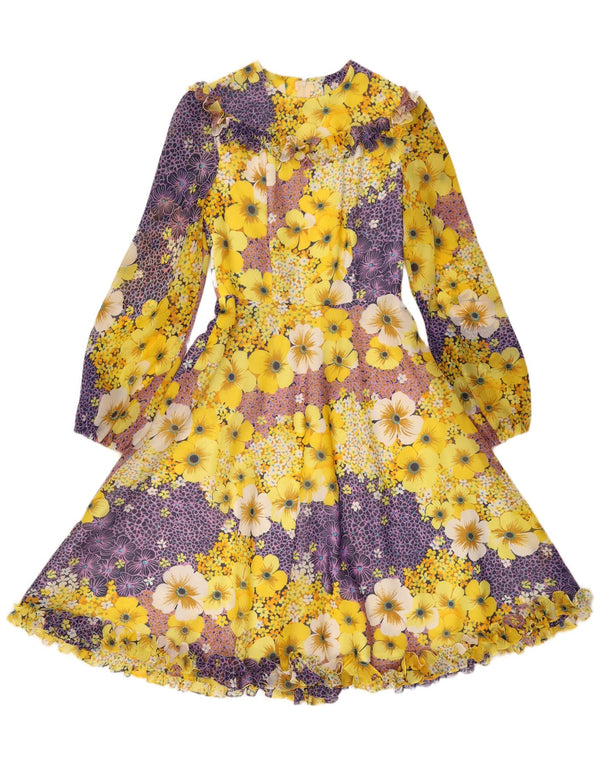 vintage Femmes Ruffle Front Maxi Robe UK 10 Petit Jaune Floral