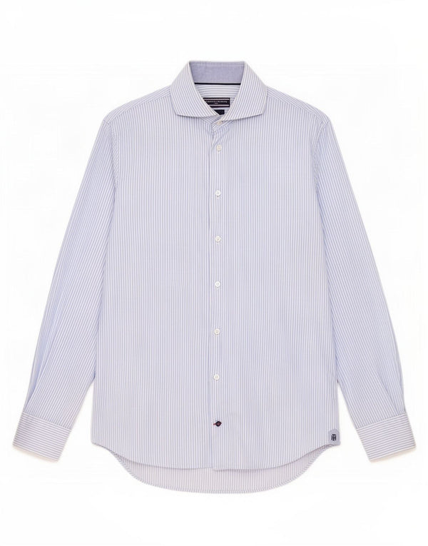 Tommy Hilfiger Chemise sur mesure pour homme Taille 39 15 1/2 Bleu moyen à fines rayures