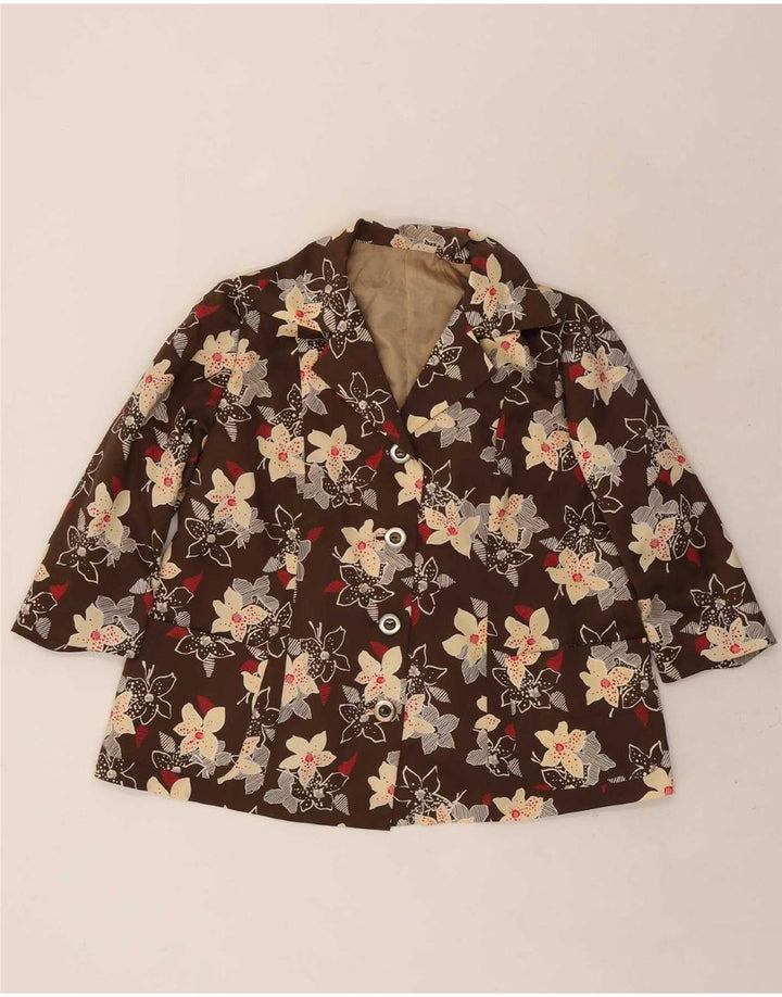 vintage Femmes 3/4 Manches 4 Boutons 2 Pièces Ensemble UK 12 Moyen Brun Floral