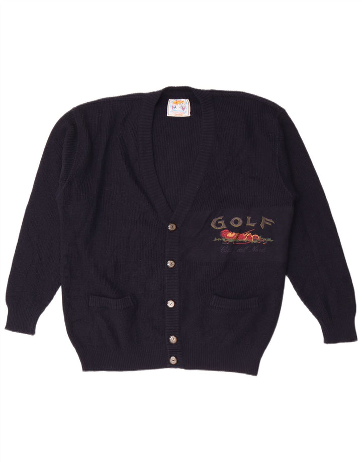 vintage Mens Graphic Cardigan Pull Grande Laine Bleu Marine