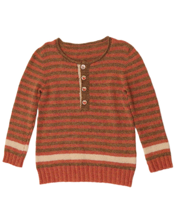 vintage Womens Button Neck Jumper Pull UK 10 Petit Rayé Rouge