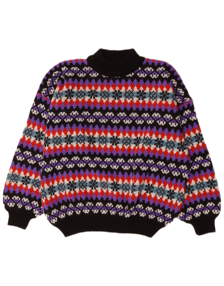 vintage Mens Turtle Neck Jumper Pull Grand Multicolore Fair Isle