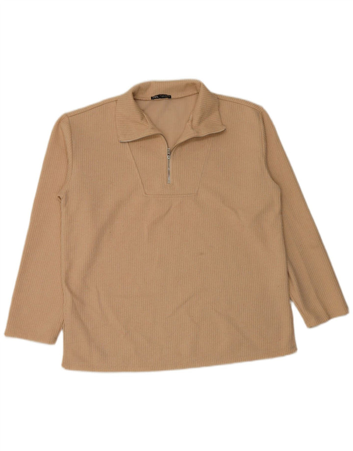 Zara Femme Top Col Zippé Manches Longues UK 16 Large Beige Polyester