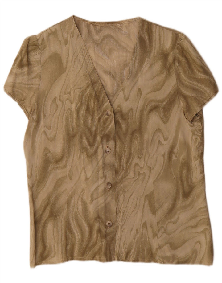 vintage Femmes Motif Abstrait Chemise À Manches Courtes Blouse UK 16 Grand Kaki