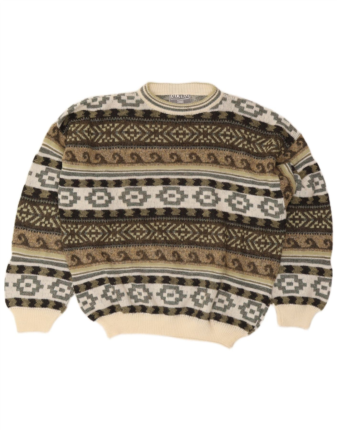 Alcatraz Pull à col rond pour homme en laine Fair Isle kaki