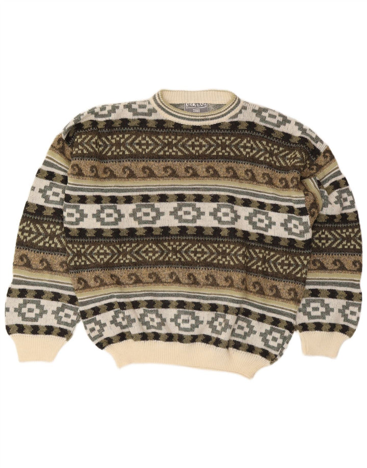 Alcatraz Pull à col rond pour homme en laine Fair Isle kaki