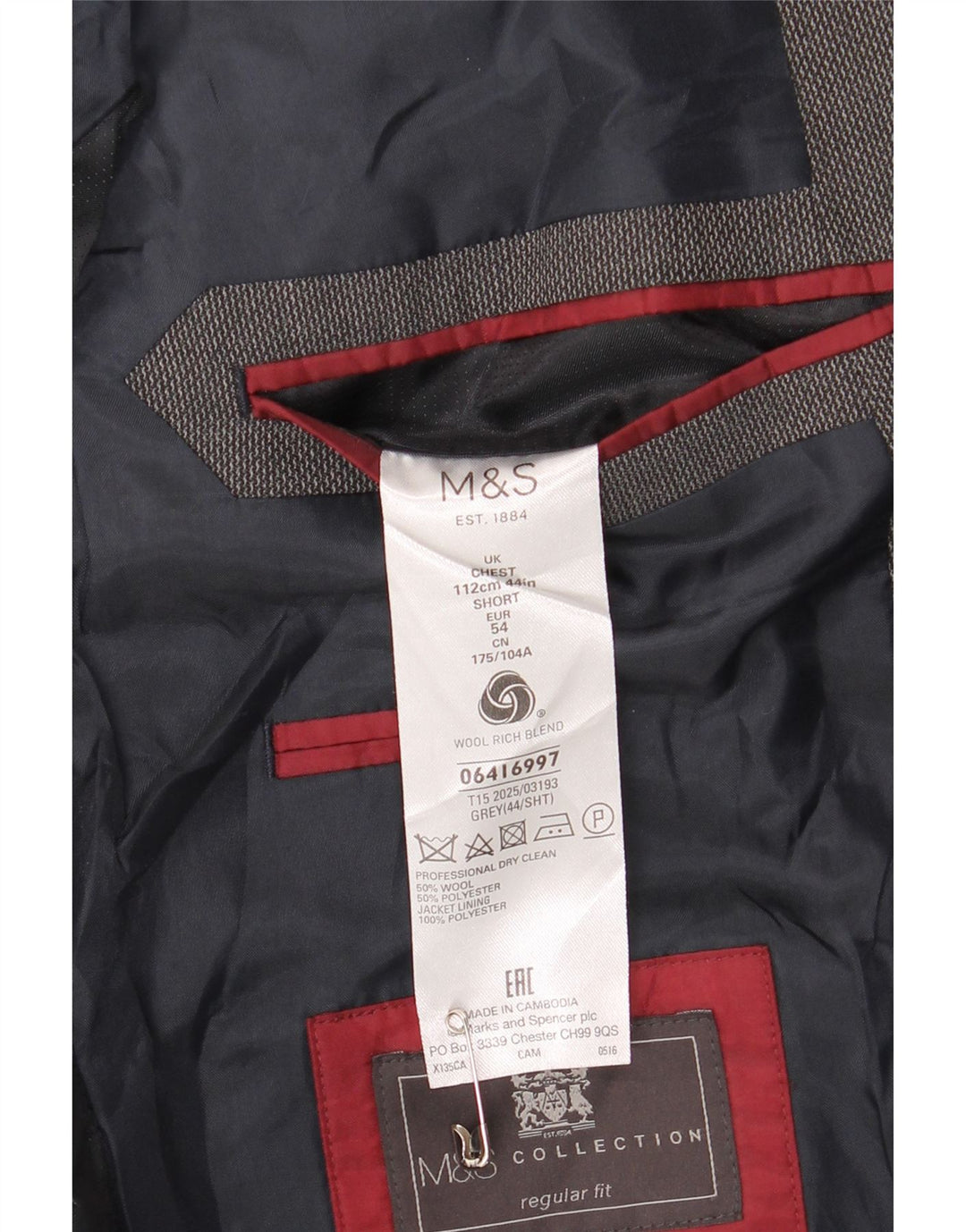 Marks & Spencer Veste blazer courte à 2 boutons pour homme UK 44 XL Gris laine