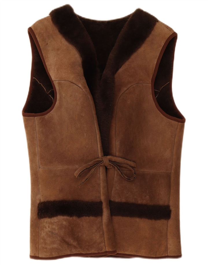 vintage Femmes Shearling Gilet UK 10 Petit Brun