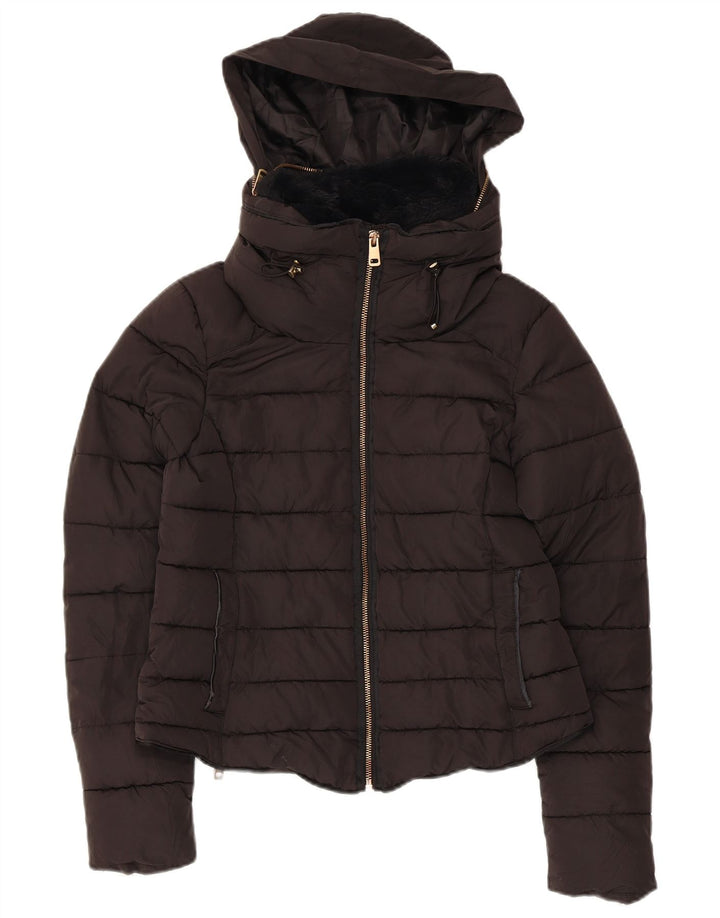 Zara Veste matelassée à capuche pour femme UK 10 Small Noir Polyester