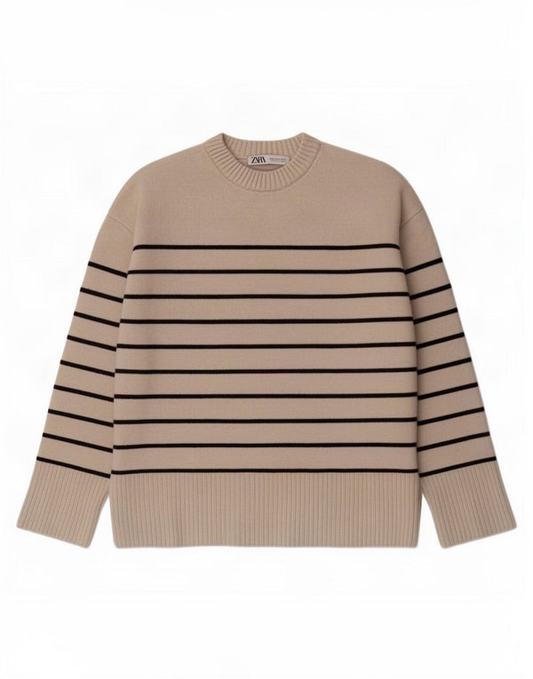 Zara Pull surdimensionné à col rond pour femme UK 14 Beige moyen rayé