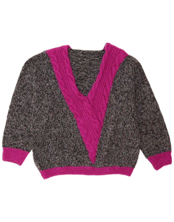 vintage Femmes Surdimensionné Col V Pull Pull UK 18 XL Gris Colorblock