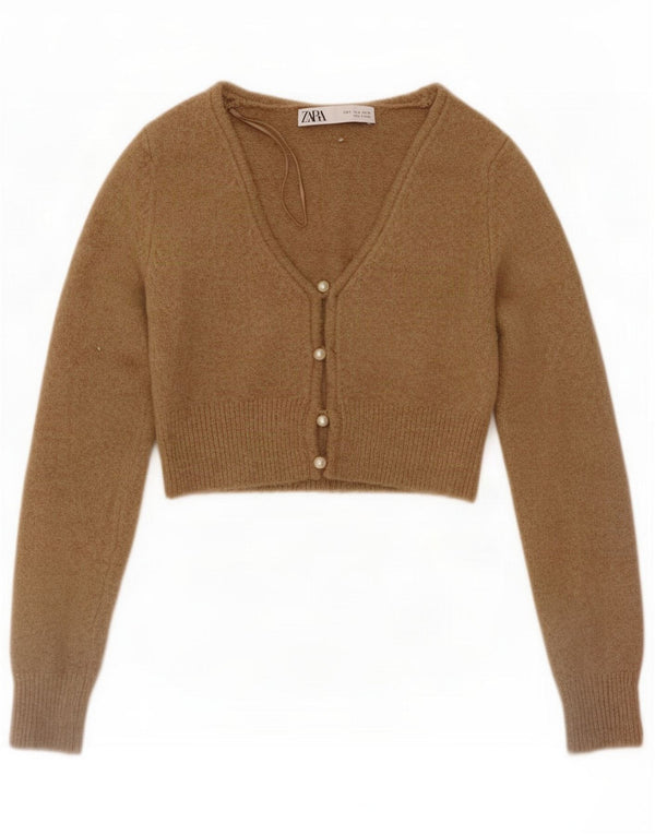 Zara Womens Crop Cardigan Sweater UK 10 Small Marron Moucheté Polyester