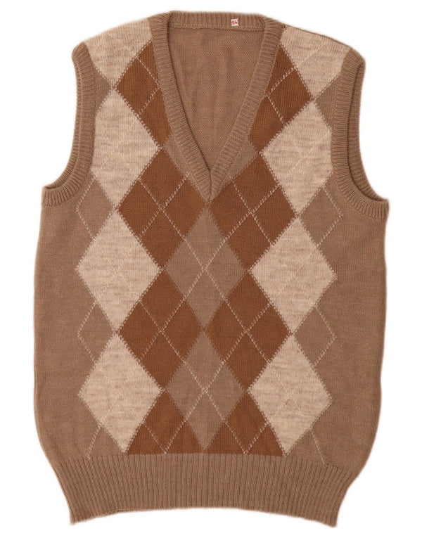 vintage Mens Vest Débardeur Petit Beige Argyle/Diamant Acrylique