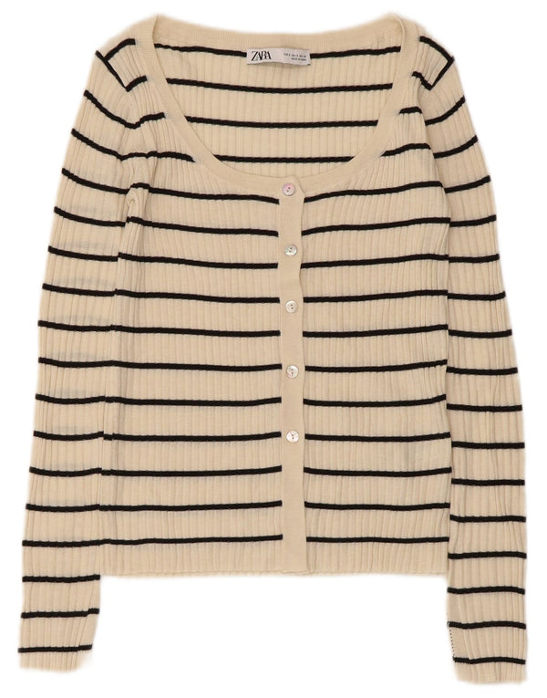 Zara Femme Cardigan Pull UK 8 Petit Acrylique Rayé Beige