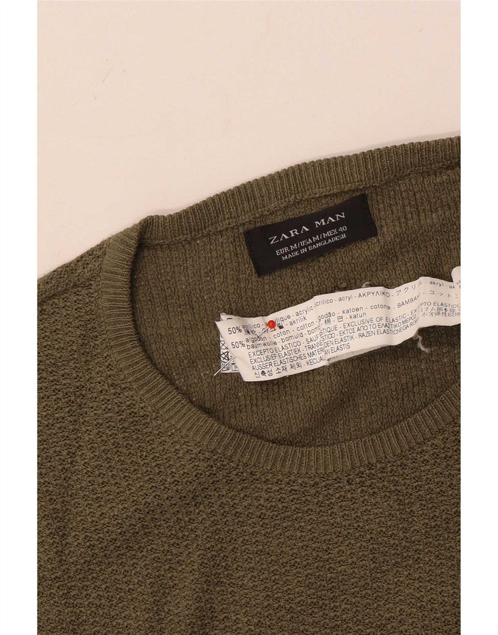 Zara Homme Pull Col Ras Du Cou Acrylique Kaki Moyen