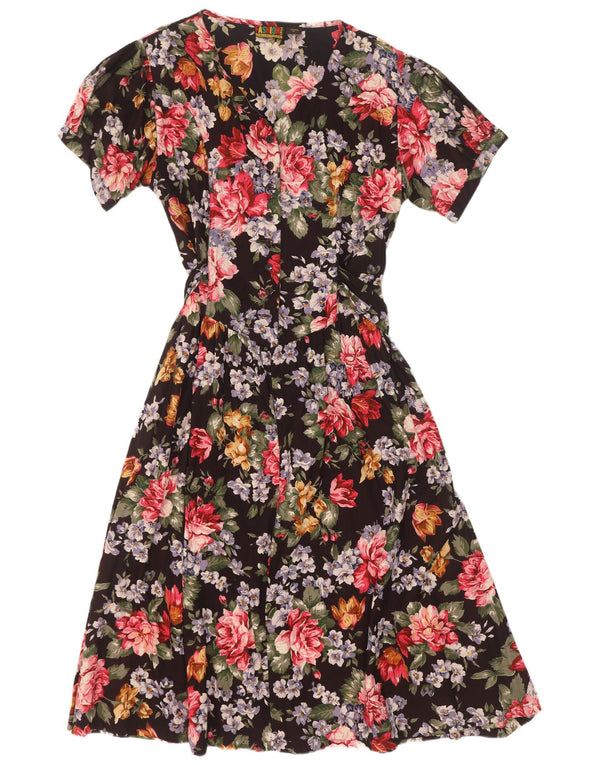 vintage Femme Robe A-Line UK 18 XL Noir Floral Viscose