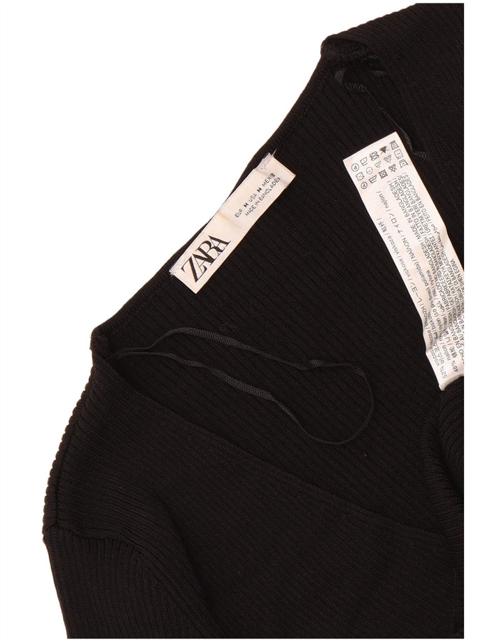 Zara Femme Crop Top Manches Longues UK 12 Medium Noir Viscose